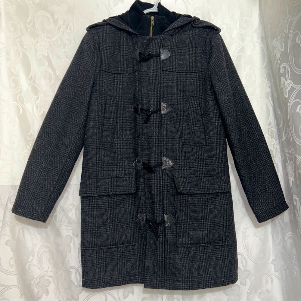 GUESS Grey Black Leather & Wool Blend Plaid Zip Up Coat
